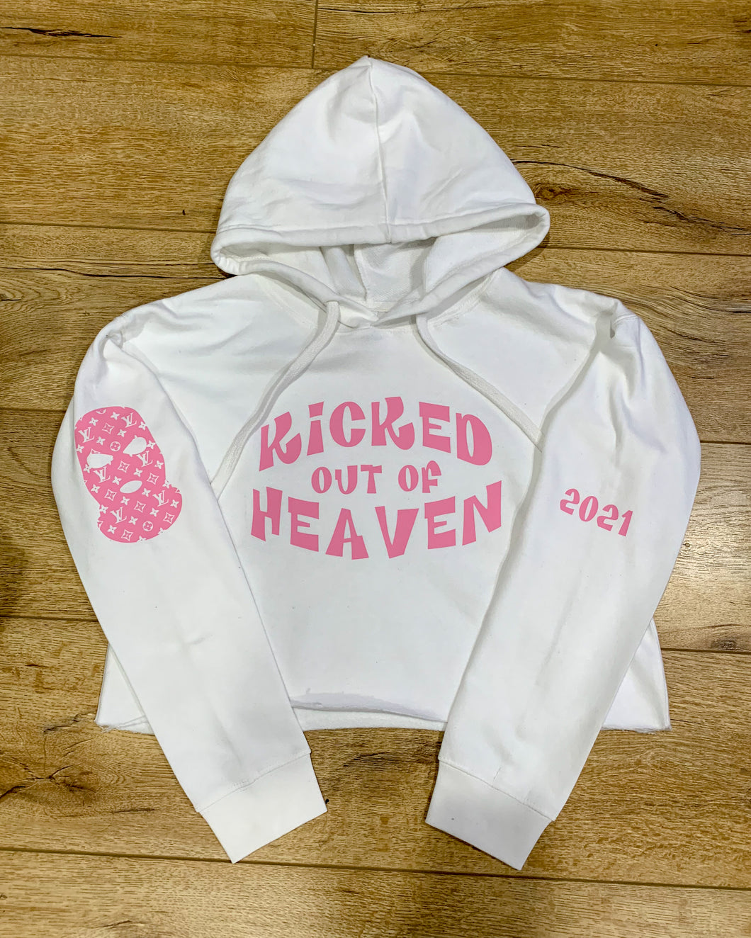 KICKED OUT OF HEAVEN WHITE CROP HOODIE